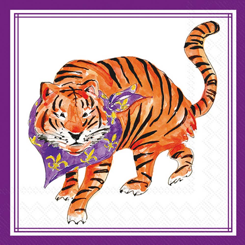 Paper Cocktail Napkin Purple& Gold  Prowling Tiger