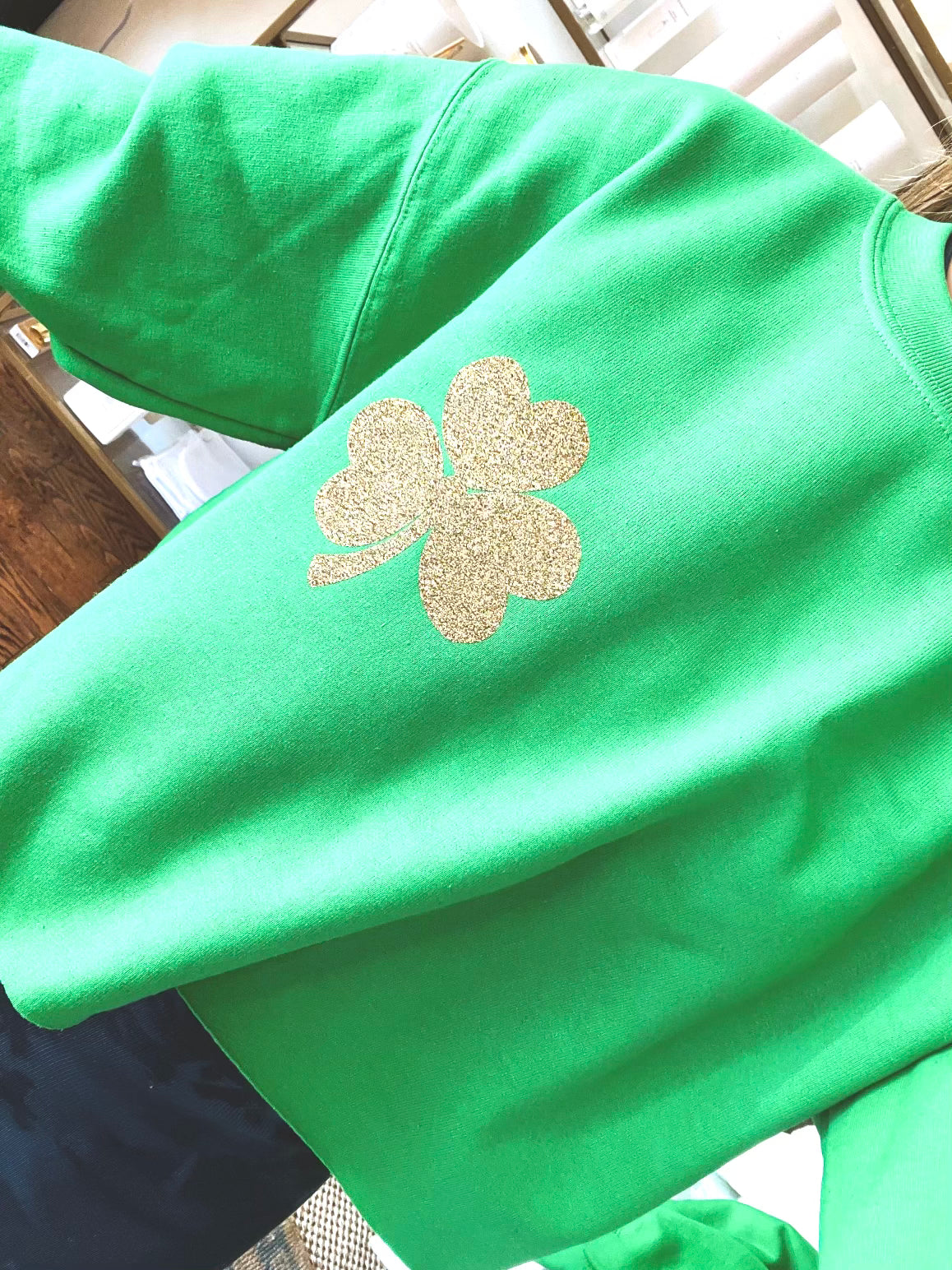 Green Glitter Shamrock Cropped St. Patrick's Day Sweatshirt.