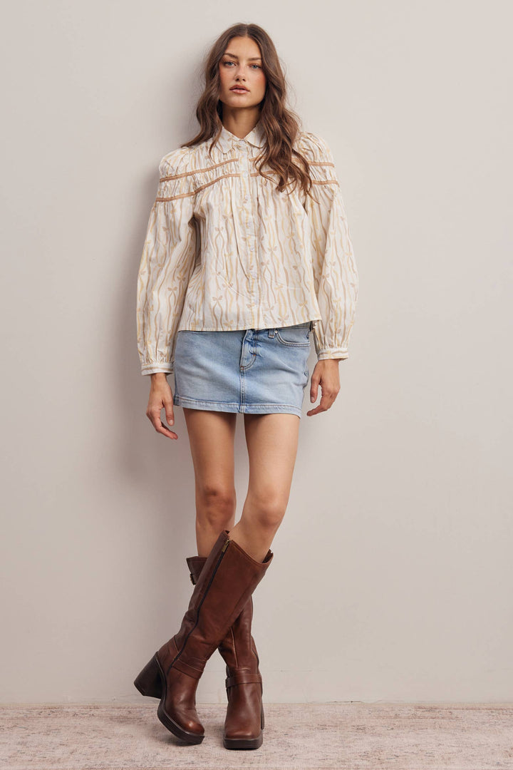 Ribbon Stripe Puff Sleeve Blouse