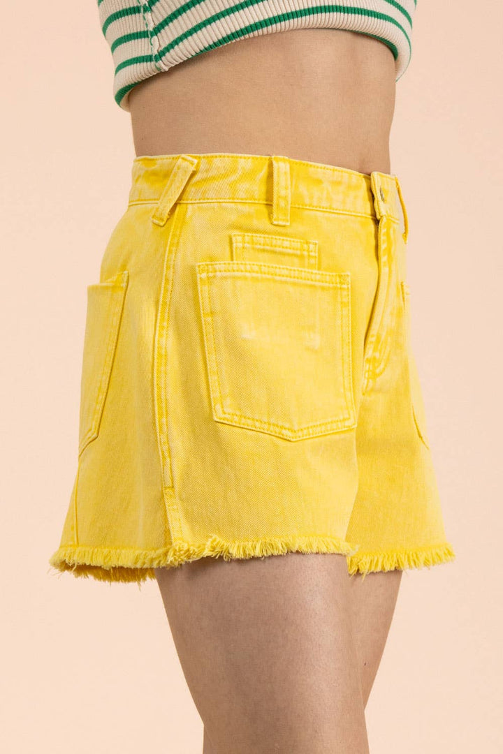 Lemon Mineral Washed Denim Frayed Hem Shorts