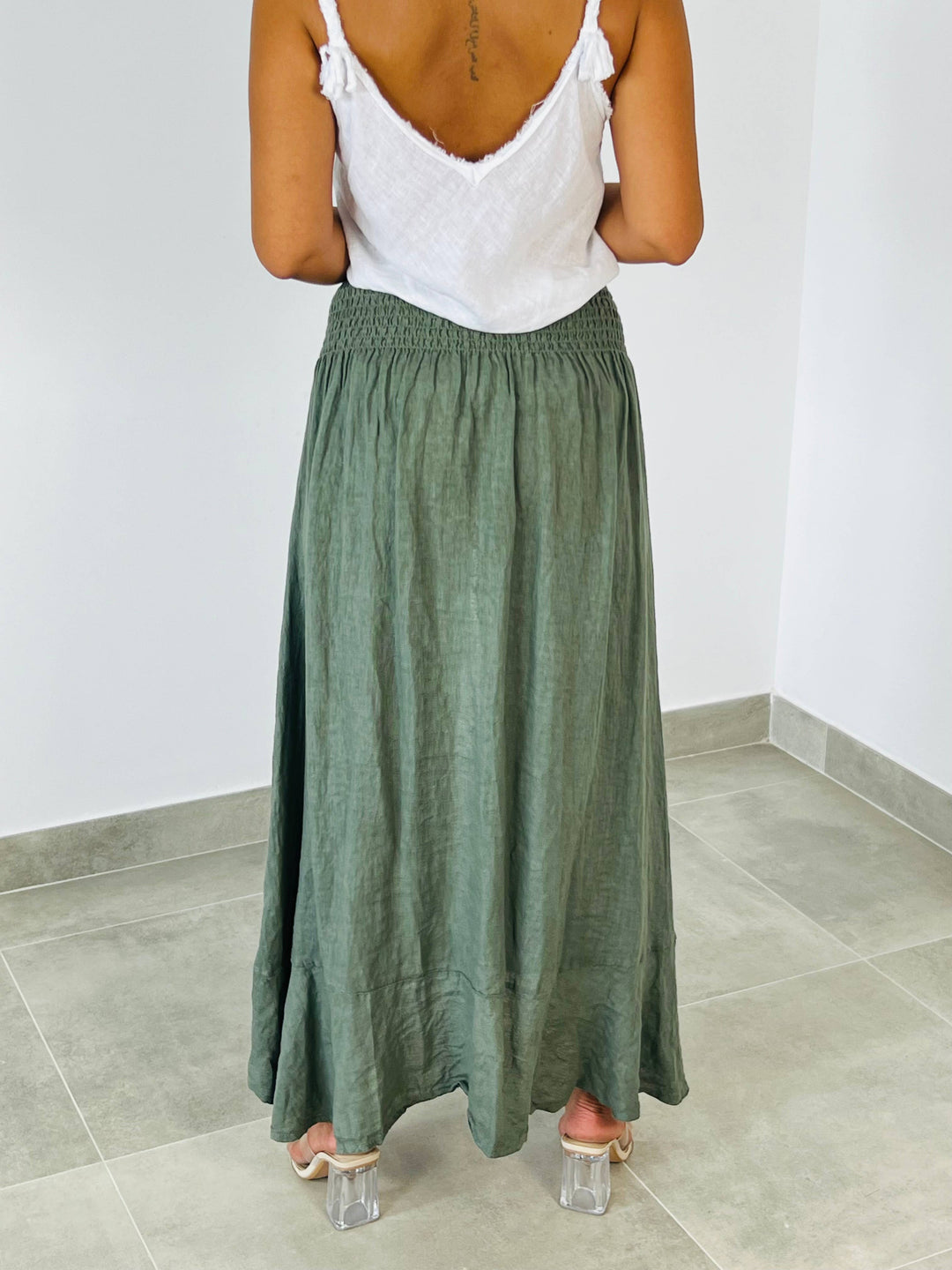 BUTTON LINEN SKIRT, 100% LINEN ELASTIC WAIST