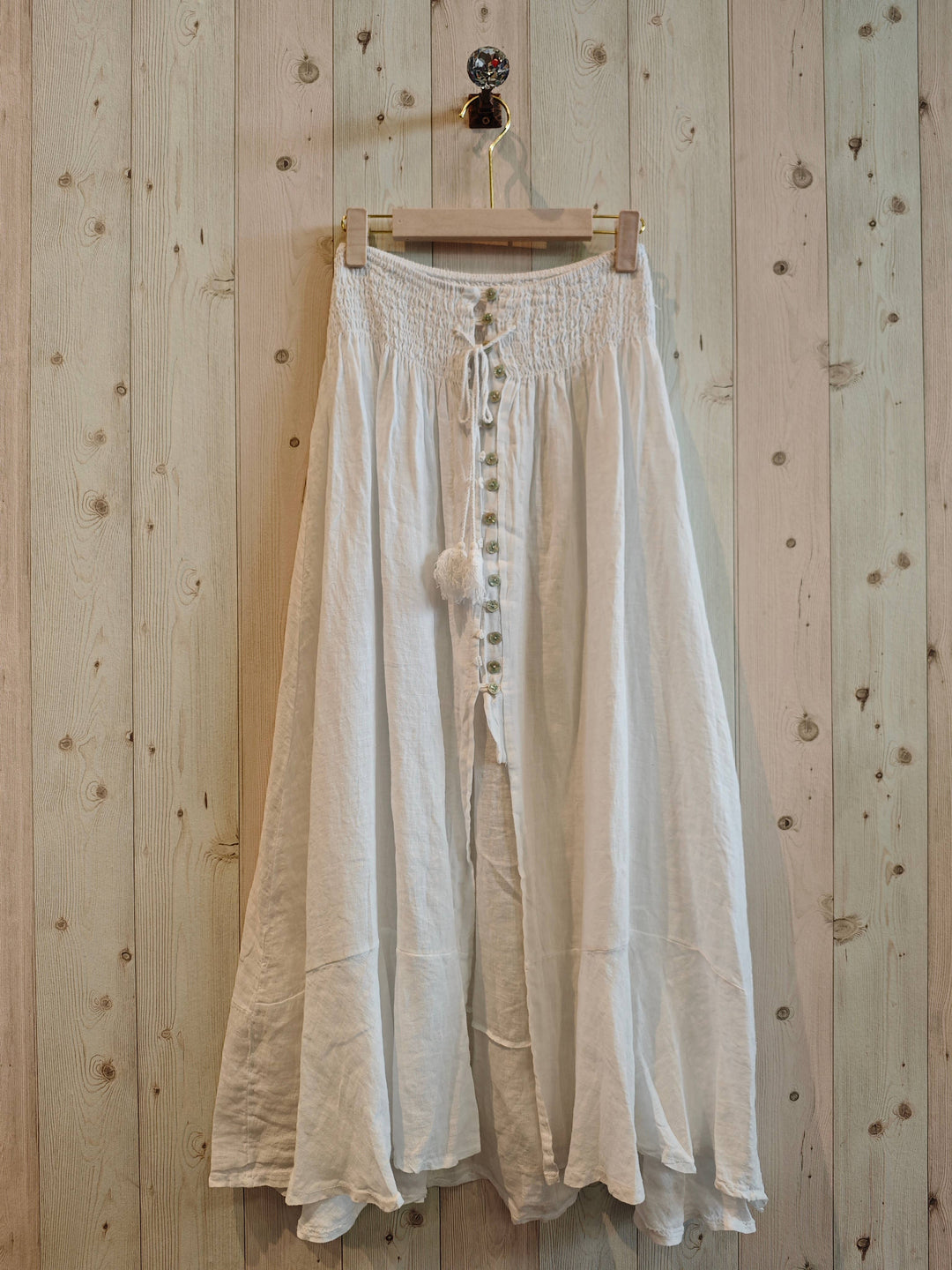 BUTTON LINEN SKIRT, 100% LINEN ELASTIC WAIST
