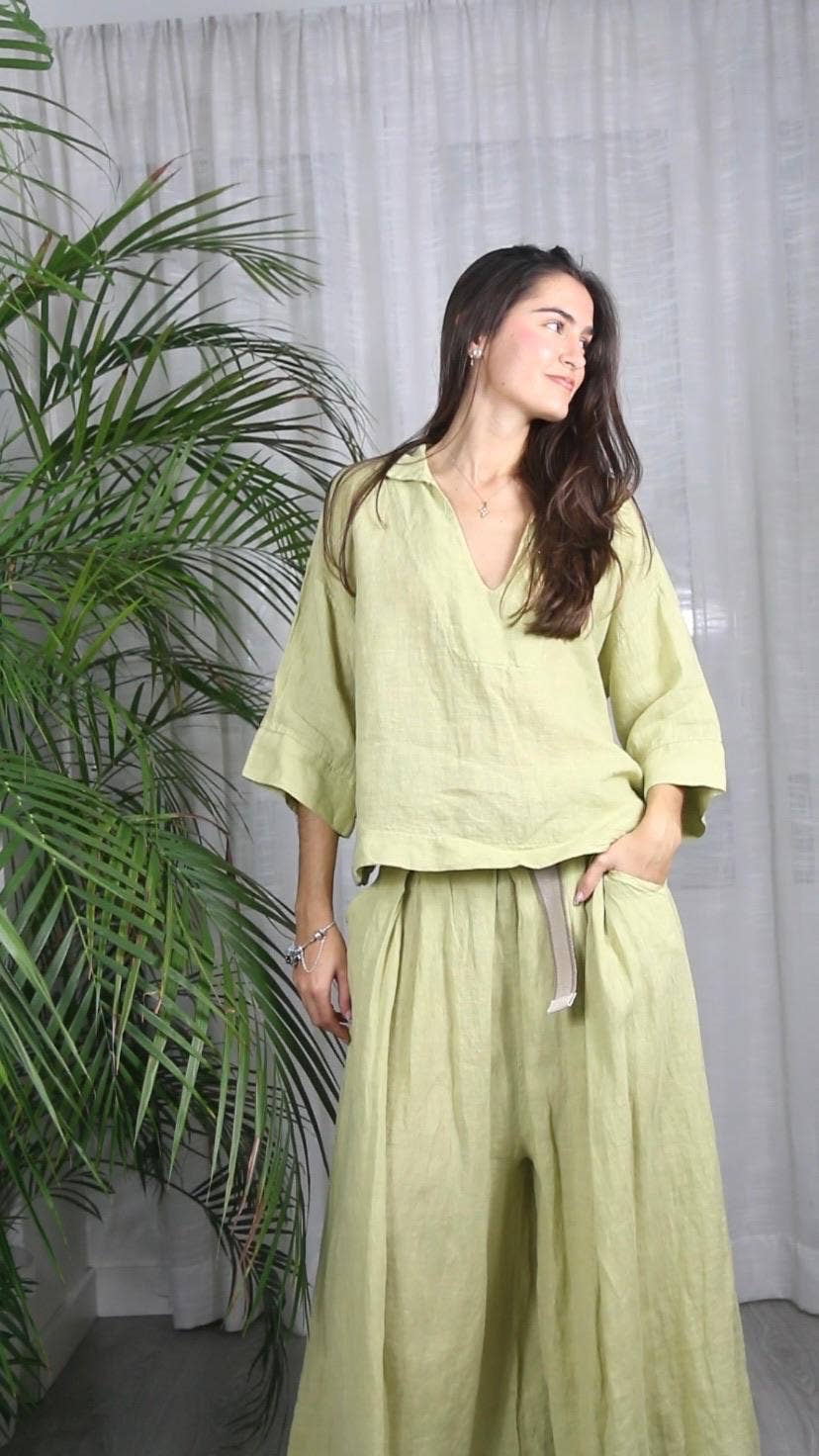 BLOUSE SHIRT V - COLLAR 100% LINEN