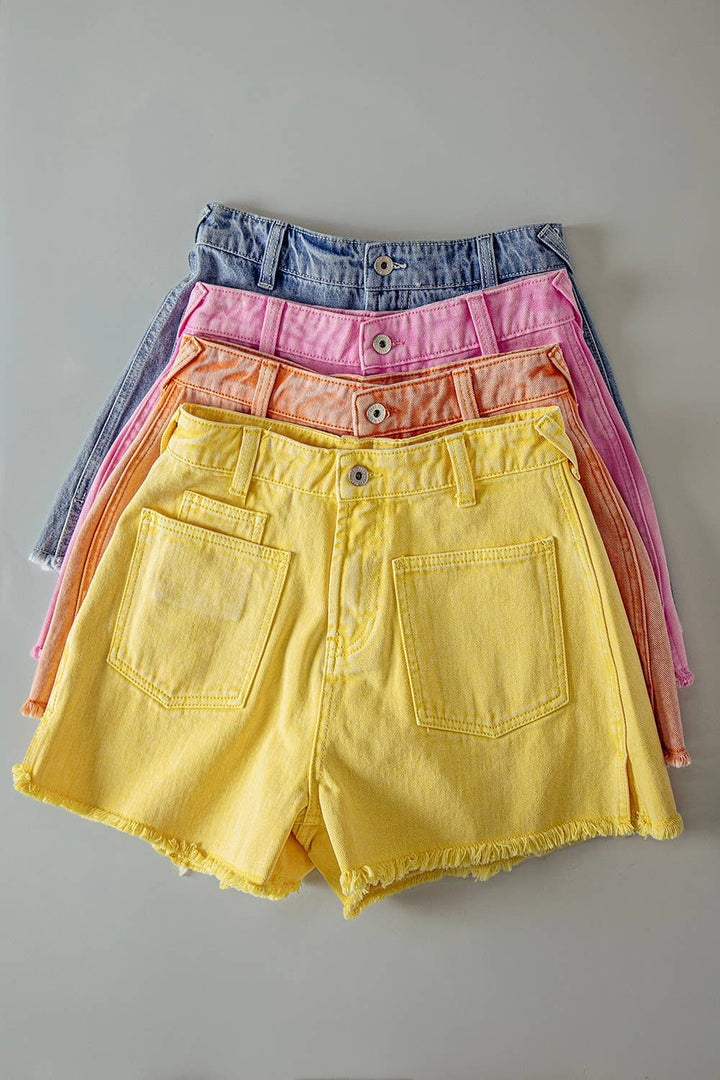 Lemon Mineral Washed Denim Frayed Hem Shorts