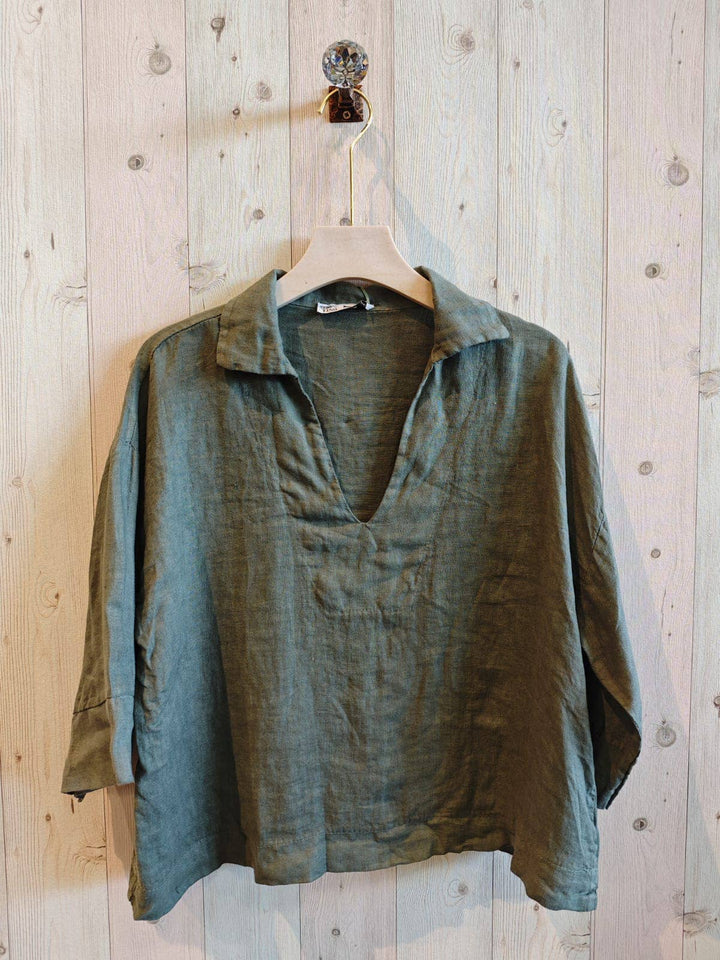 BLOUSE SHIRT V - COLLAR 100% LINEN
