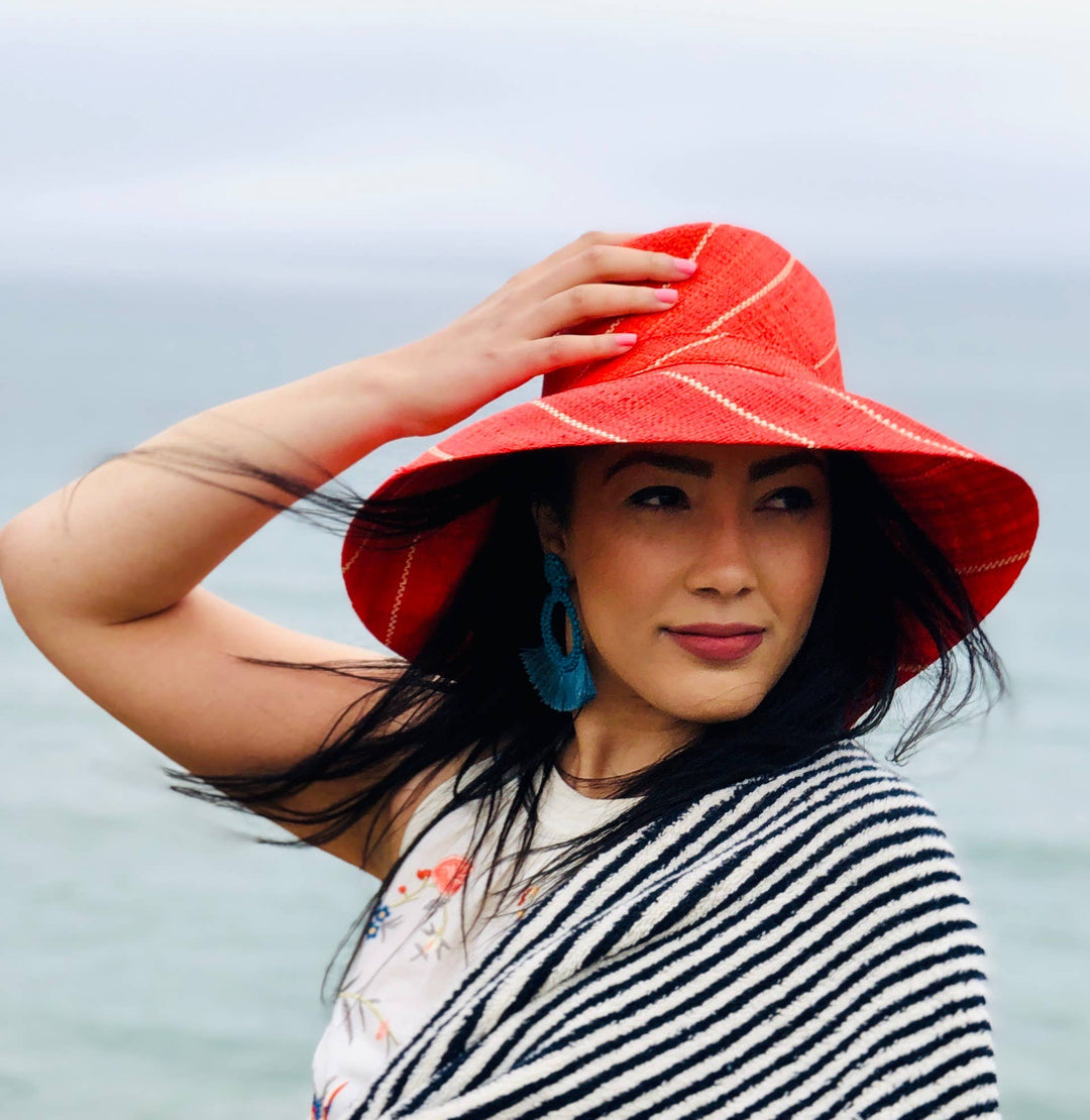 Monica 5" & 7" Wide Brim Pinstripe Packable Straw Sun Hats