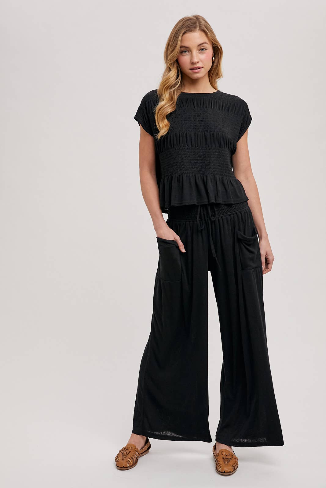 RELAXED KNIT SMOCKED TOP AND WIDE PANTS SET