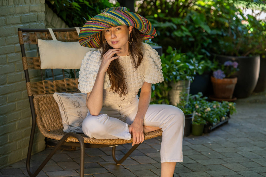 Monica 5" & 7" Wide Brim Stripe Packable Straw Sun Hats