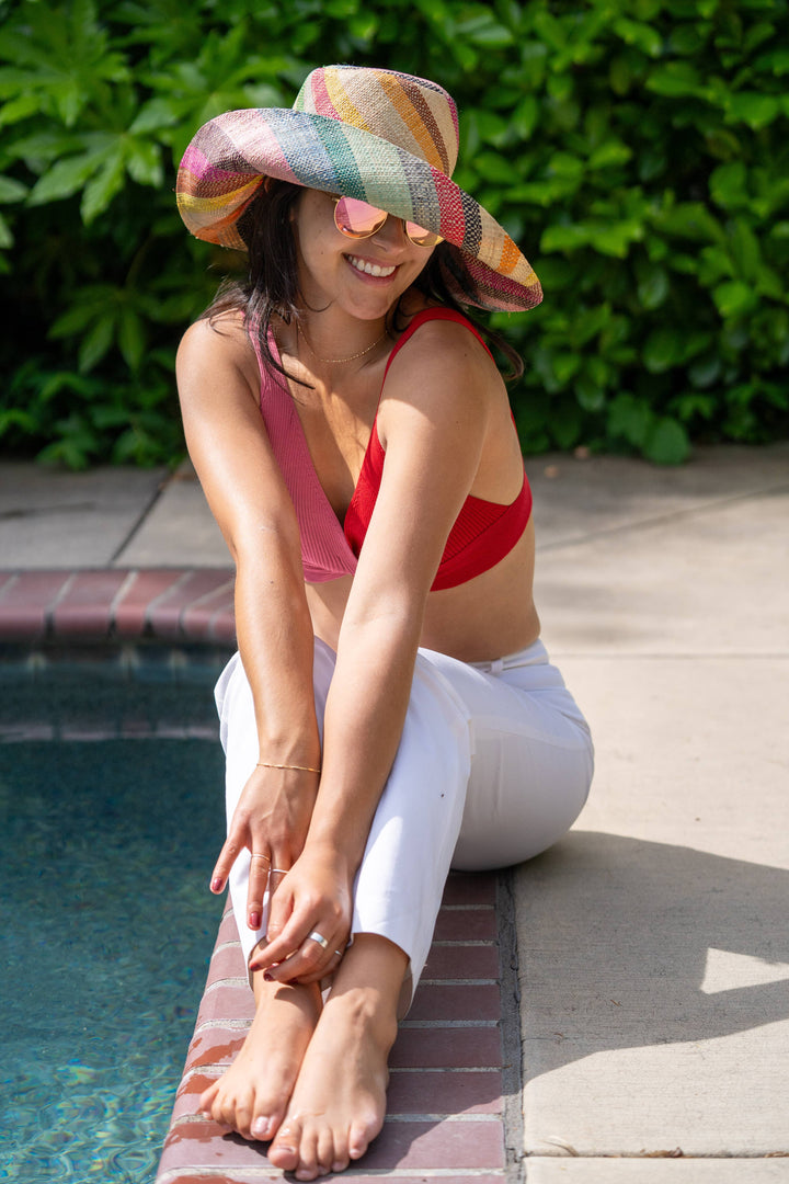 Monica 5" & 7" Wide Brim Stripe Packable Straw Sun Hats