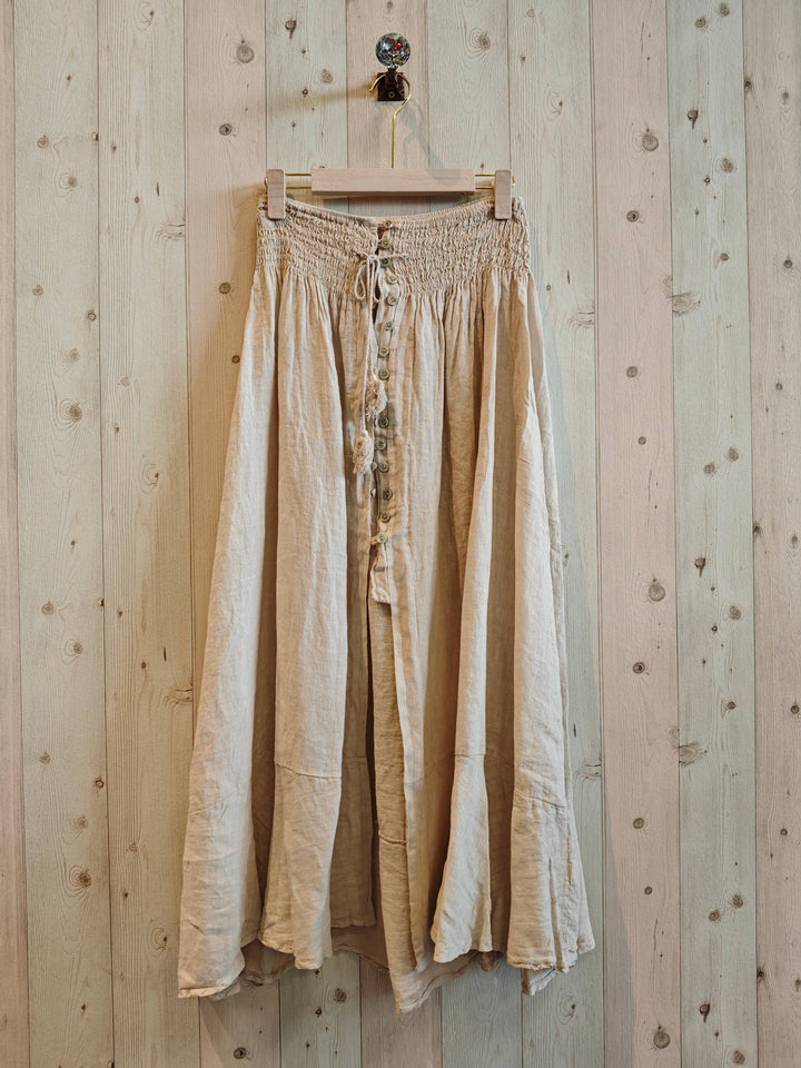 BUTTON LINEN SKIRT, 100% LINEN ELASTIC WAIST