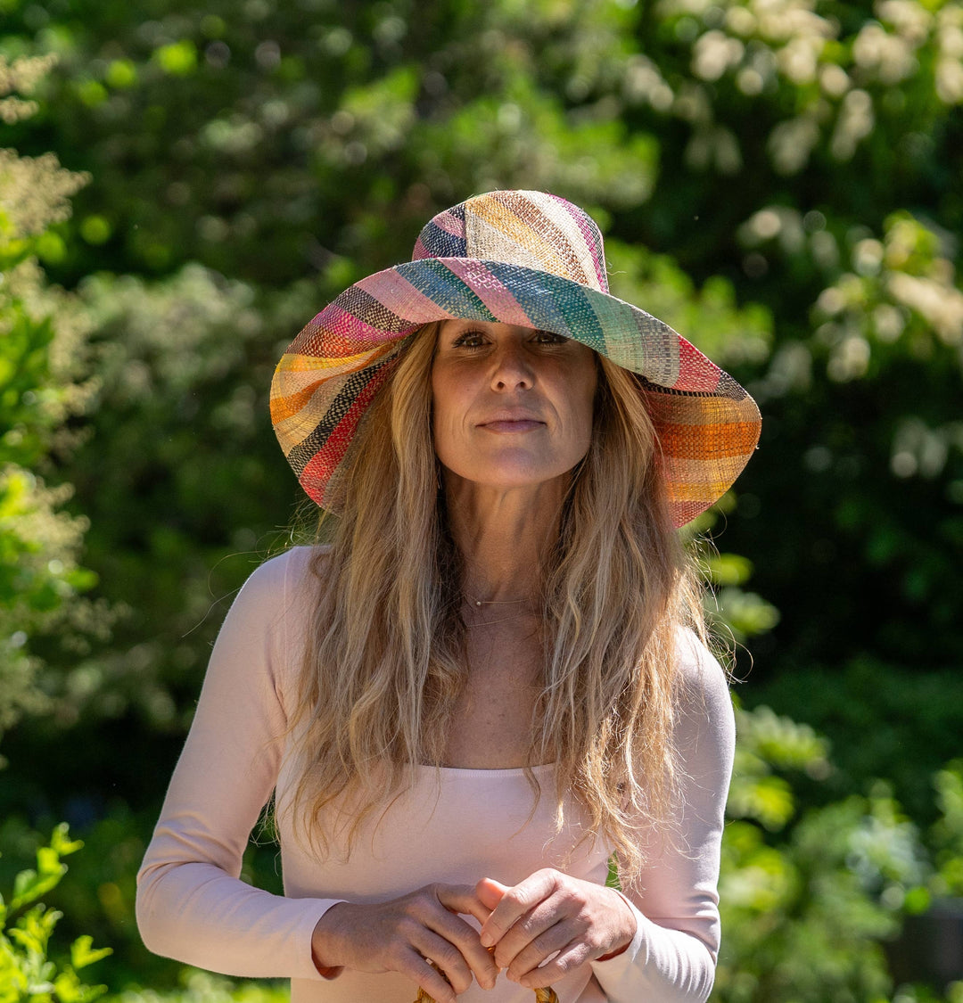 Monica 5" & 7" Wide Brim Stripe Packable Straw Sun Hats