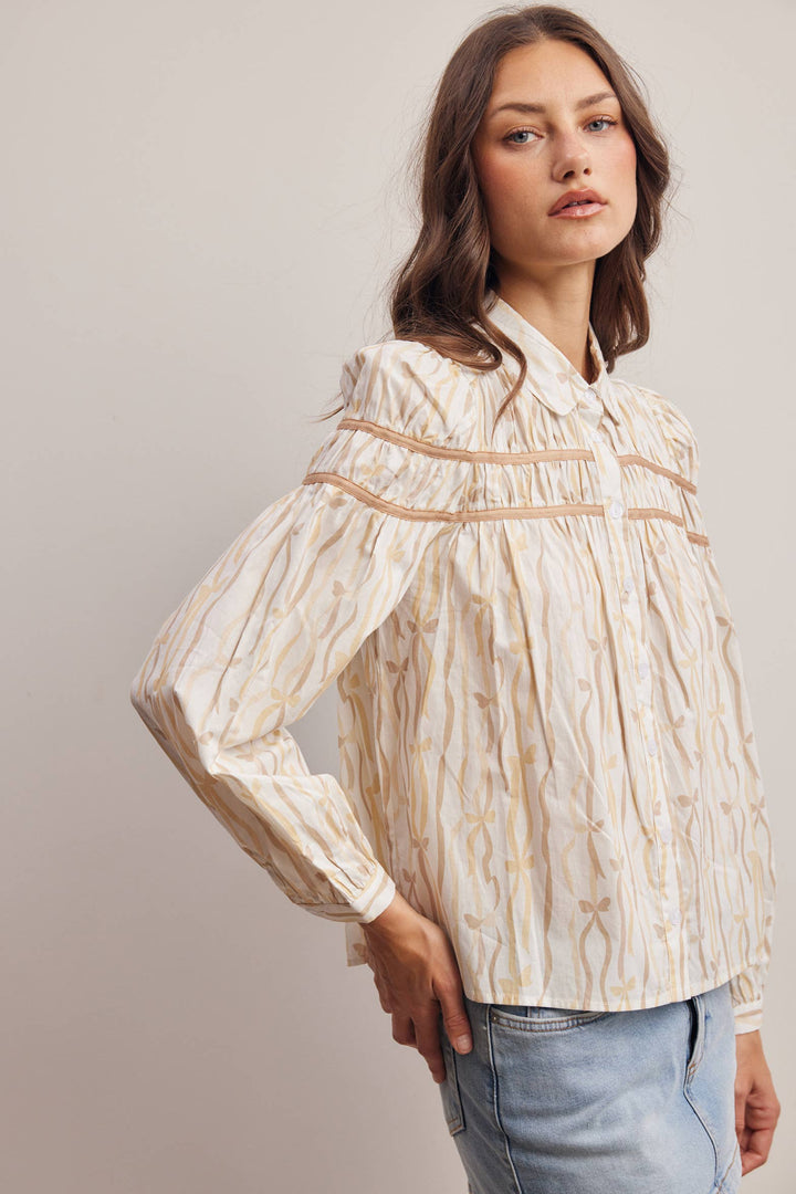 Ribbon Stripe Puff Sleeve Blouse