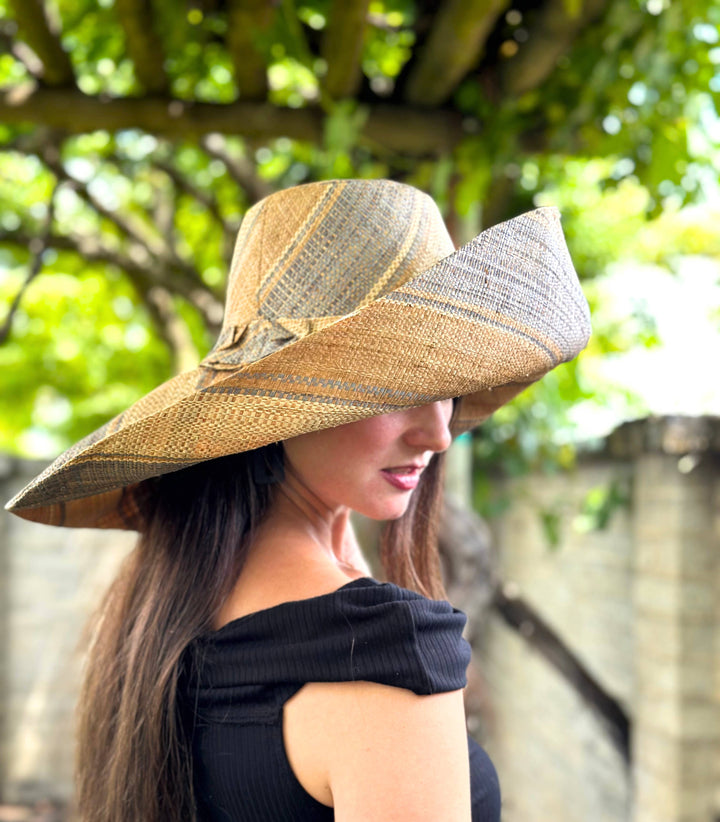 Monica 5" & 7" Wide Brim Stripe Packable Straw Sun Hats