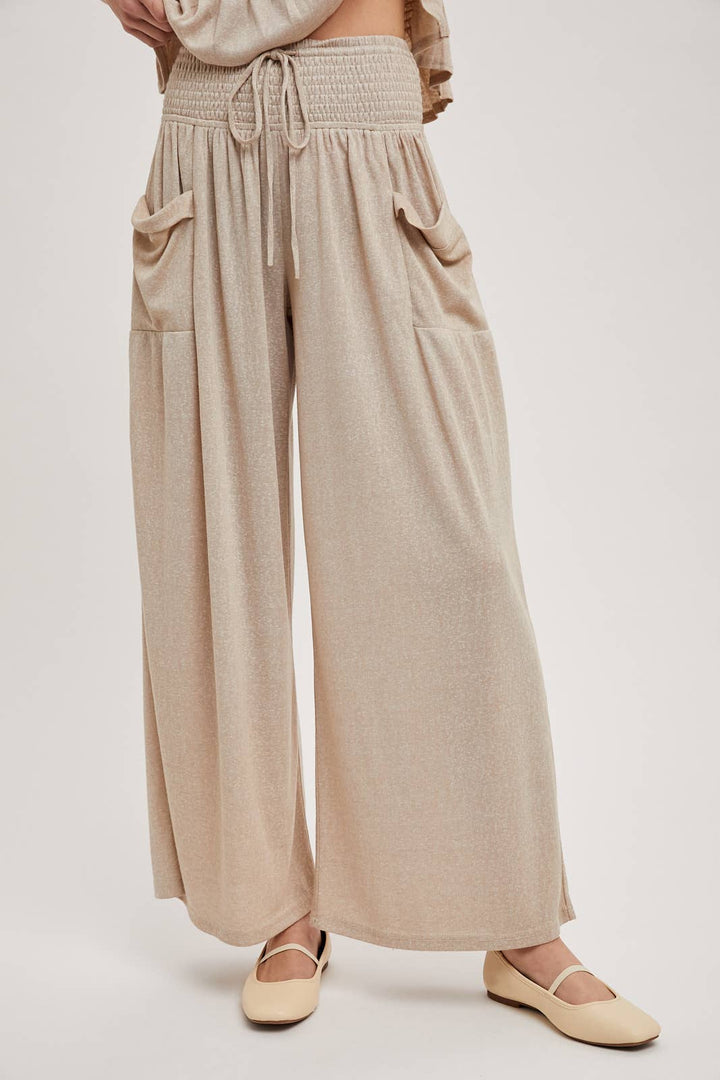 RELAXED KNIT SMOCKED TOP AND WIDE PANTS SET