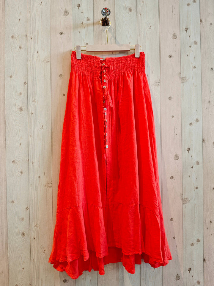 BUTTON LINEN SKIRT, 100% LINEN ELASTIC WAIST