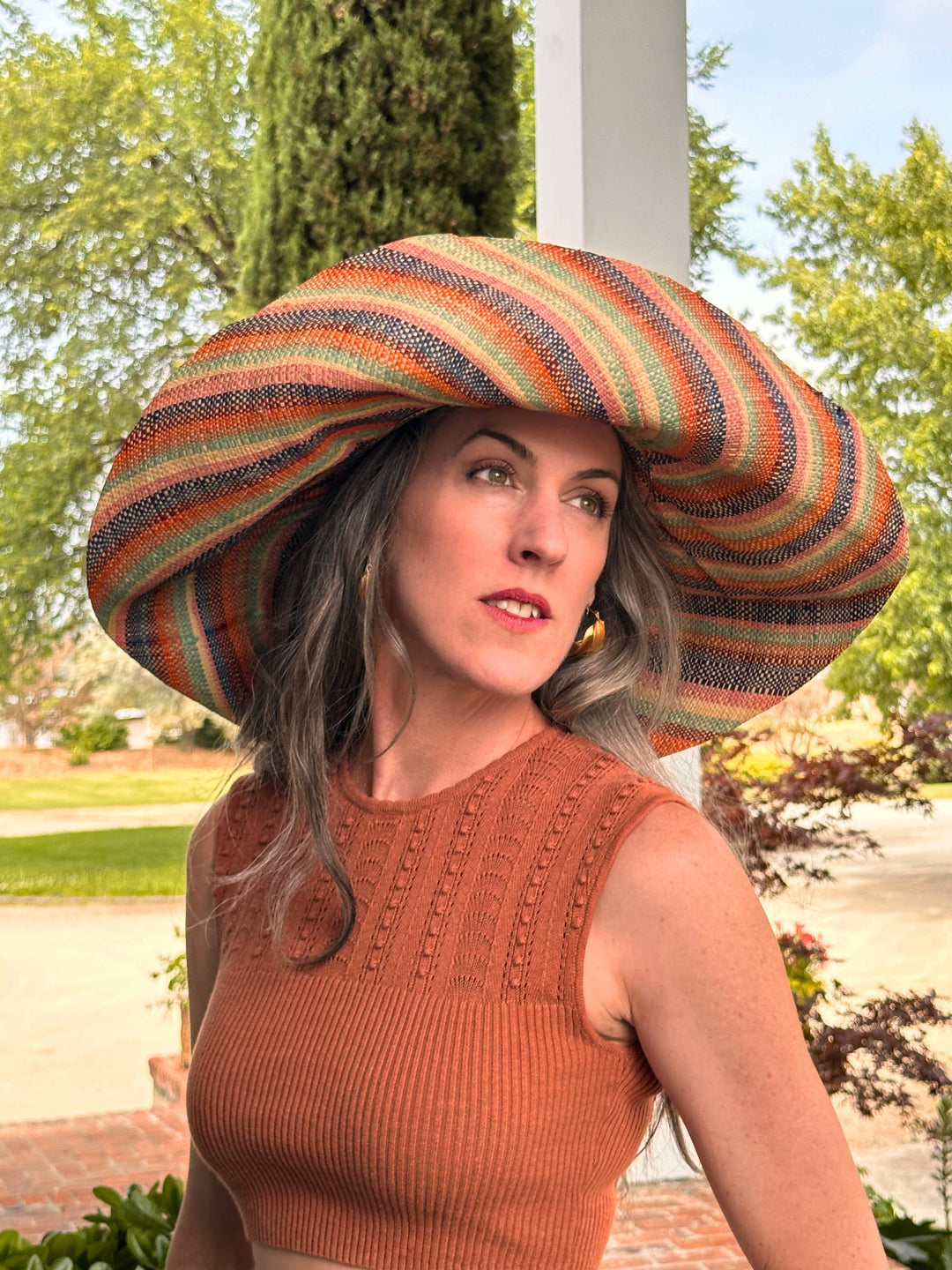 Monica 5" & 7" Wide Brim Stripe Packable Straw Sun Hats