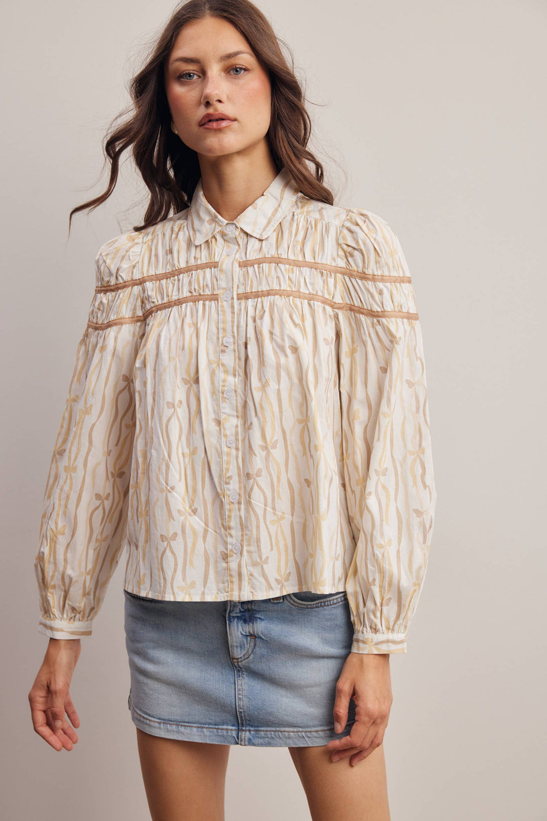Ribbon Stripe Puff Sleeve Blouse