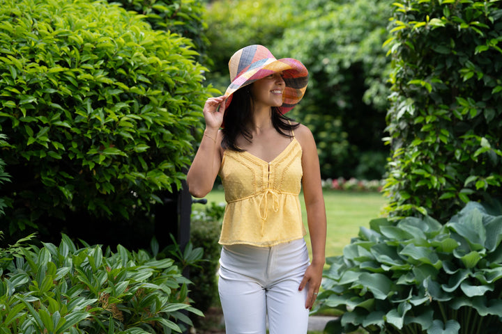 Monica 5" & 7" Wide Brim Stripe Packable Straw Sun Hats