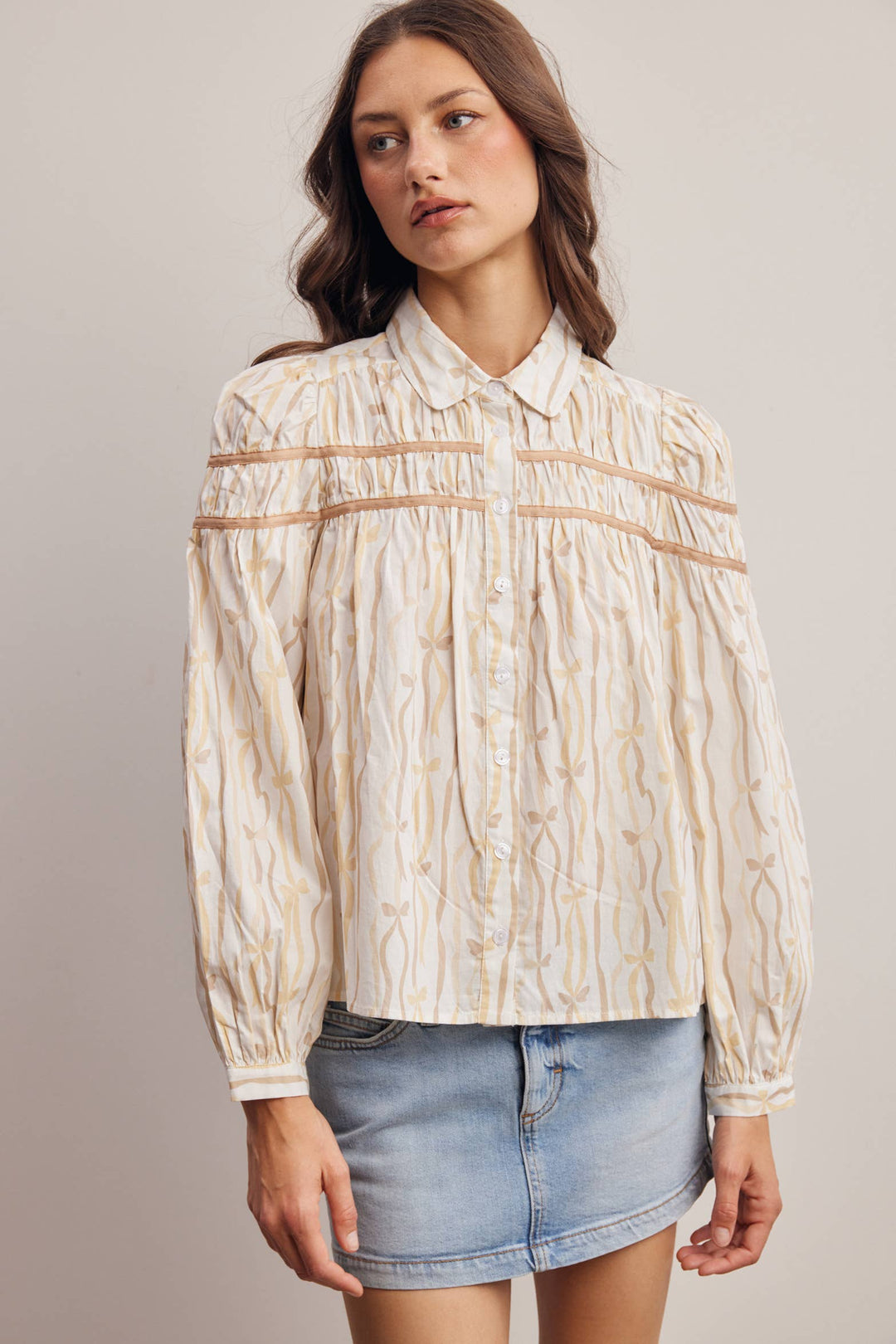 Ribbon Stripe Puff Sleeve Blouse