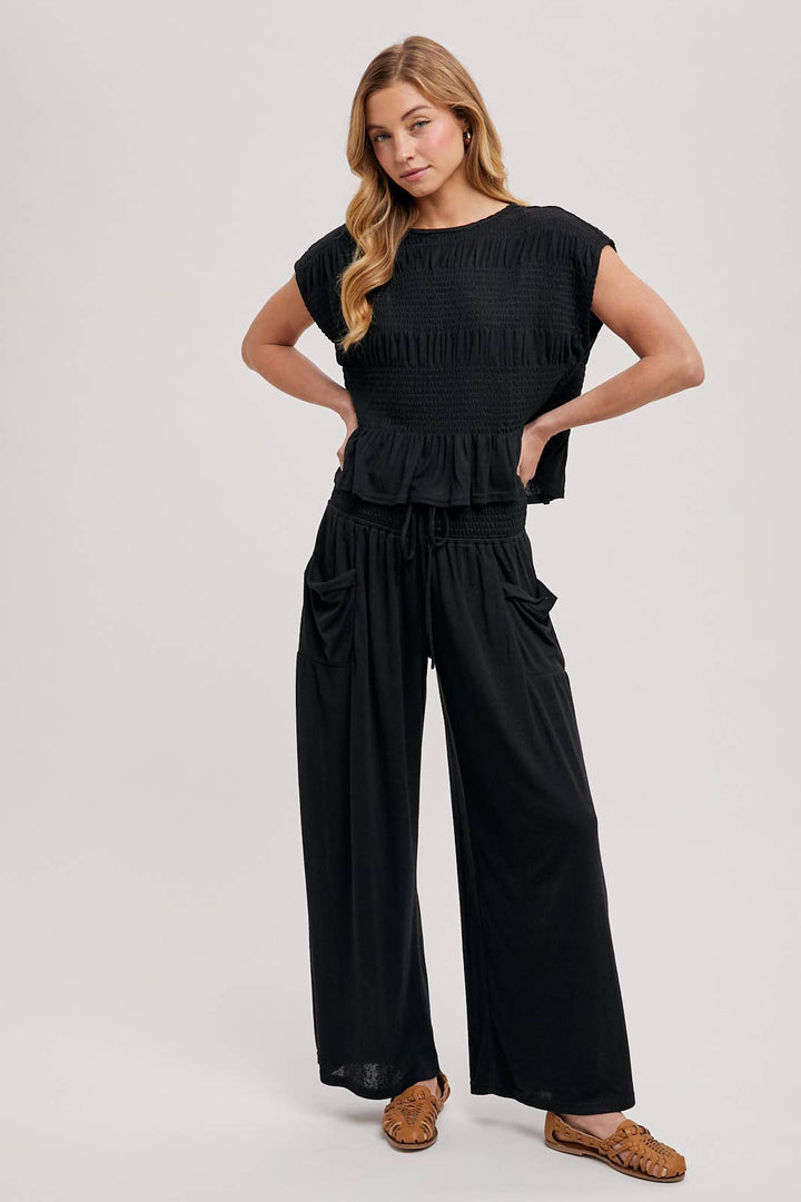 RELAXED KNIT SMOCKED TOP AND WIDE PANTS SET