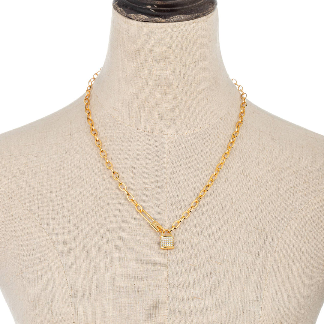 18K Gold Plated Lock Necklace with Cubic Zirconia Stones