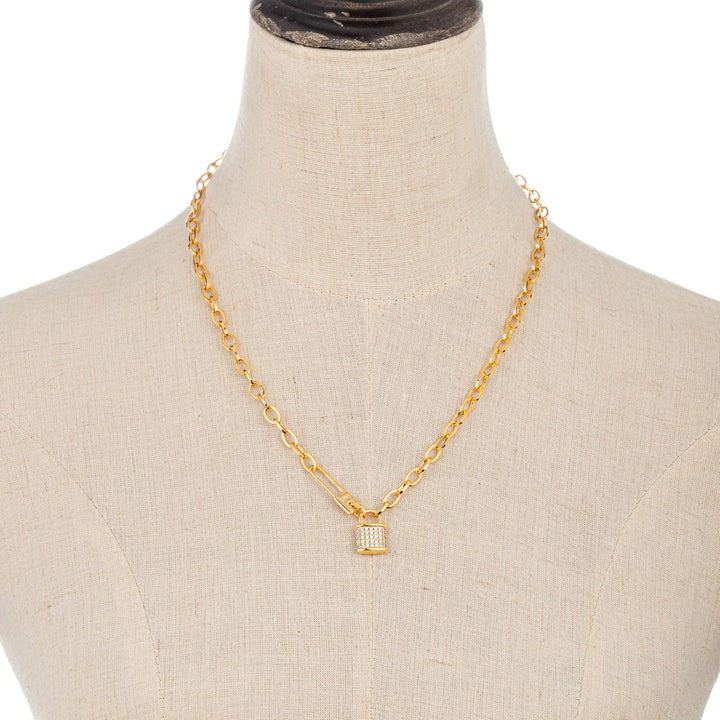 18K Gold Plated Lock Necklace with Cubic Zirconia Stones