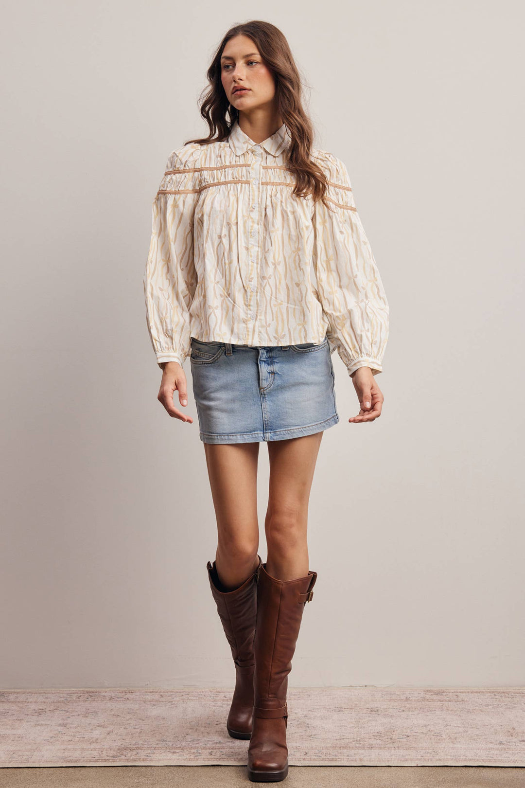 Ribbon Stripe Puff Sleeve Blouse