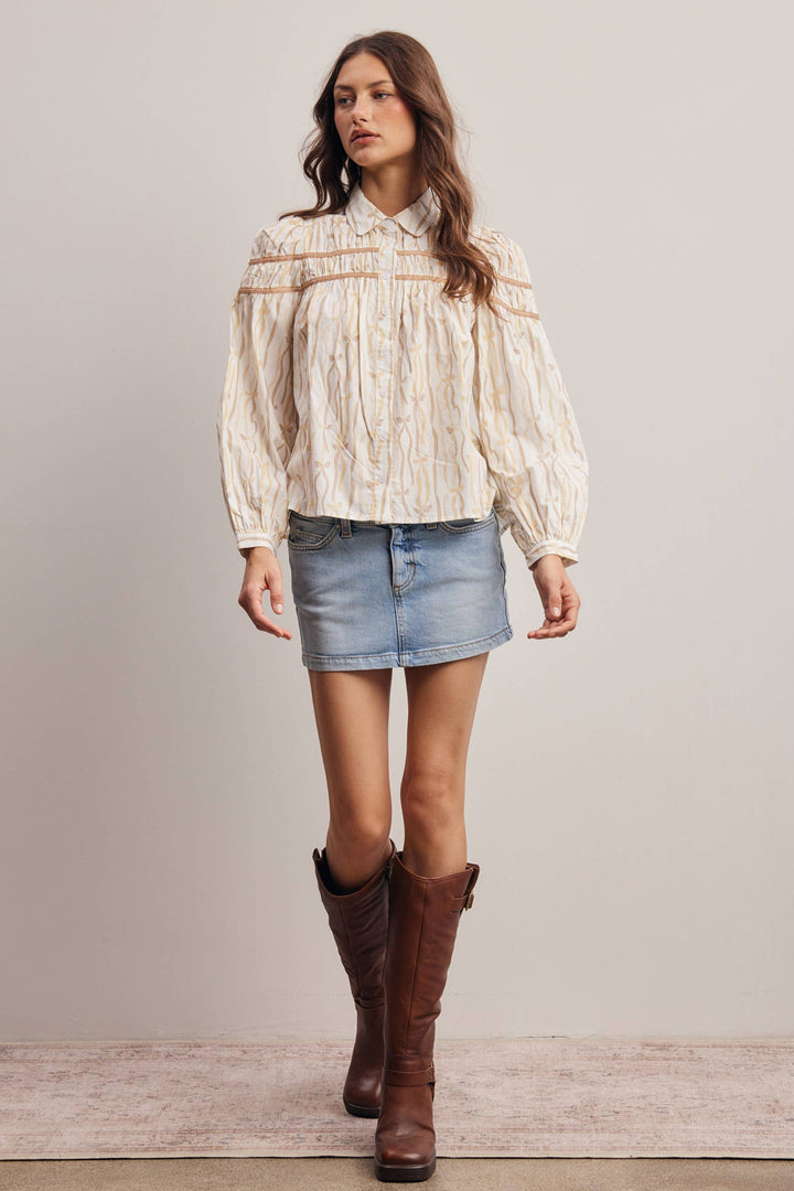 Ribbon Stripe Puff Sleeve Blouse