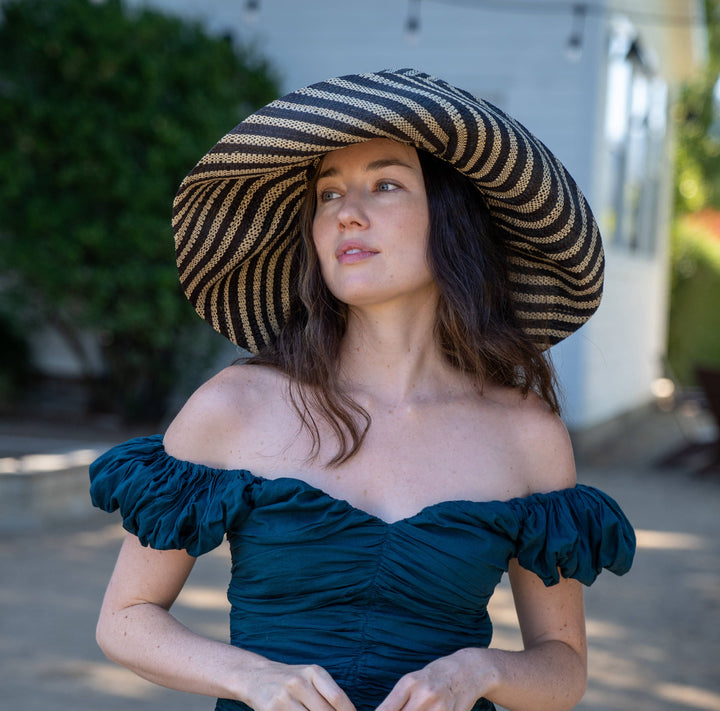 Monica 5" & 7" Wide Brim Stripe Packable Straw Sun Hats