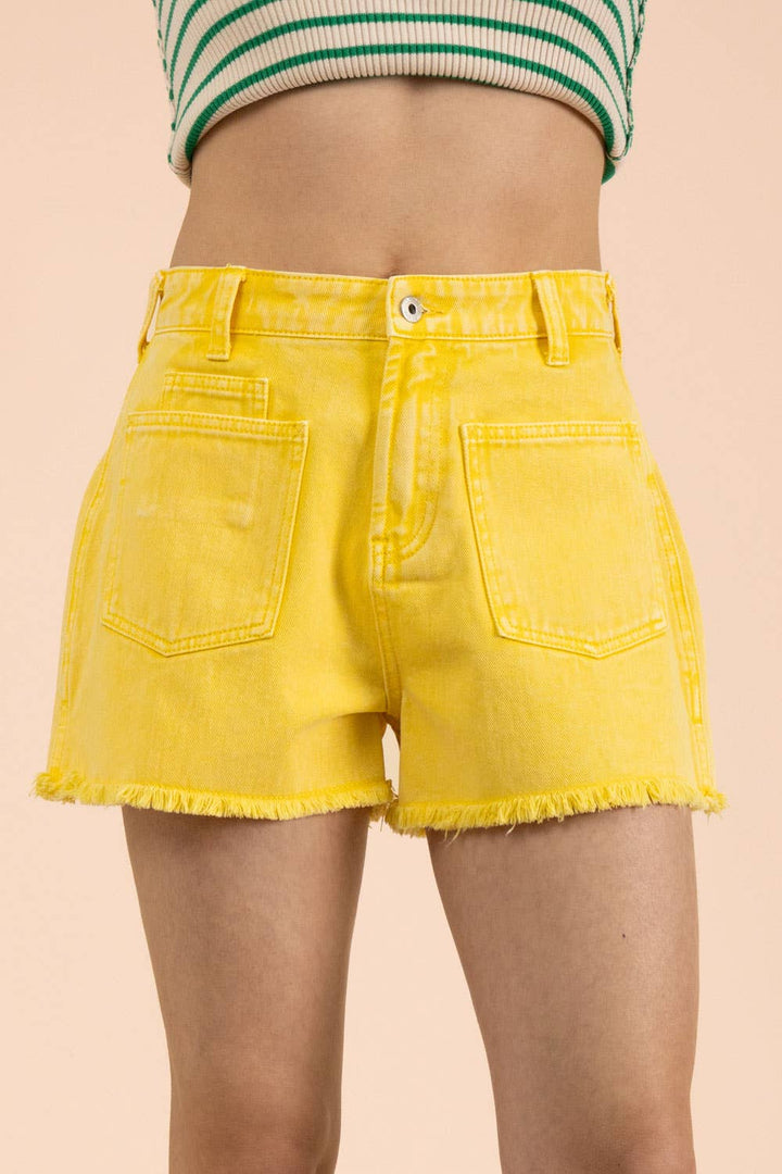 Lemon Mineral Washed Denim Frayed Hem Shorts