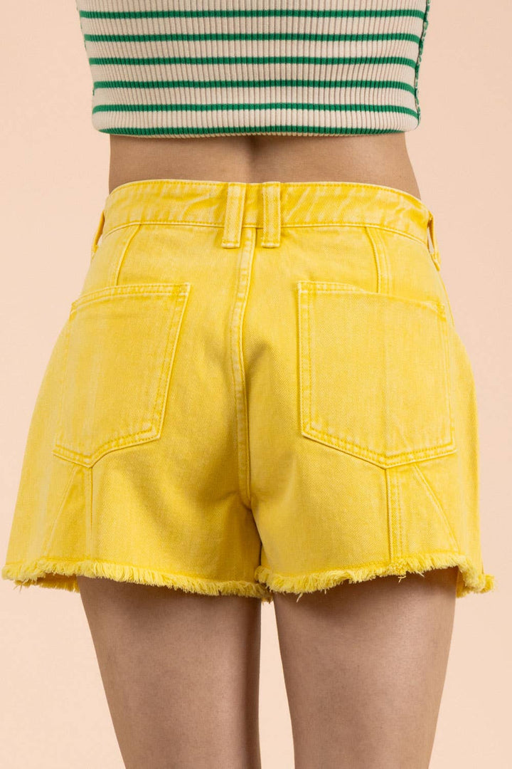 Lemon Mineral Washed Denim Frayed Hem Shorts