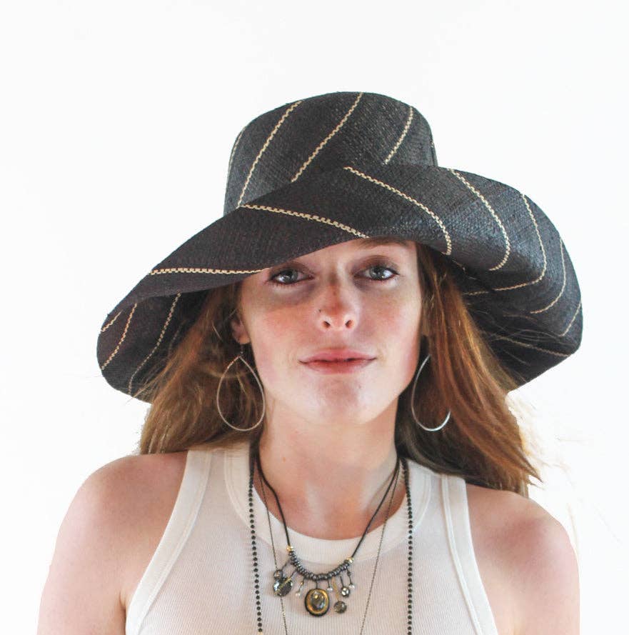 Monica 5" & 7" Wide Brim Pinstripe Packable Straw Sun Hats