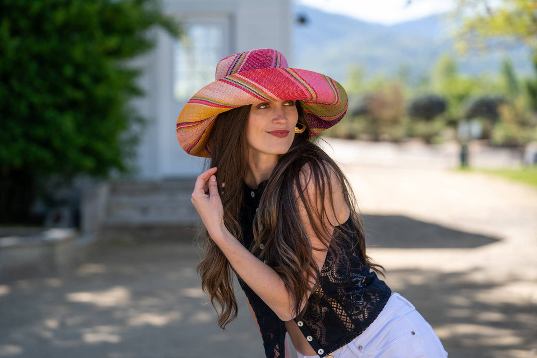 Monica 5" & 7" Wide Brim Stripe Packable Straw Sun Hats