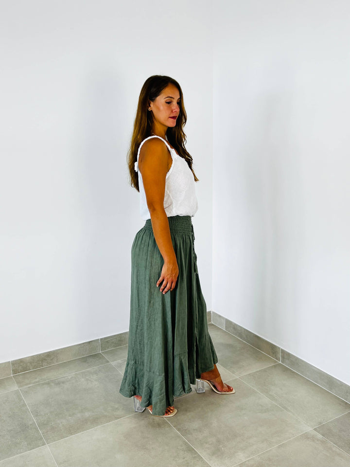 BUTTON LINEN SKIRT, 100% LINEN ELASTIC WAIST