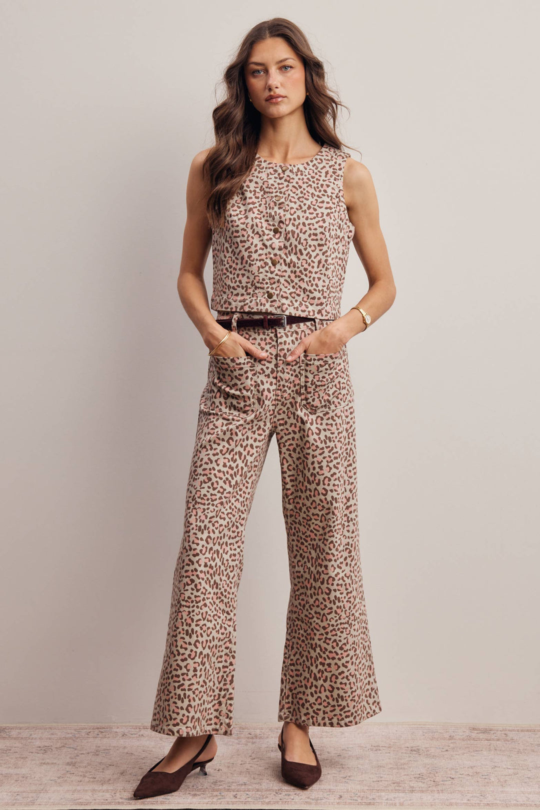 Stretch Leopard Print Denim Pants and Vest Set