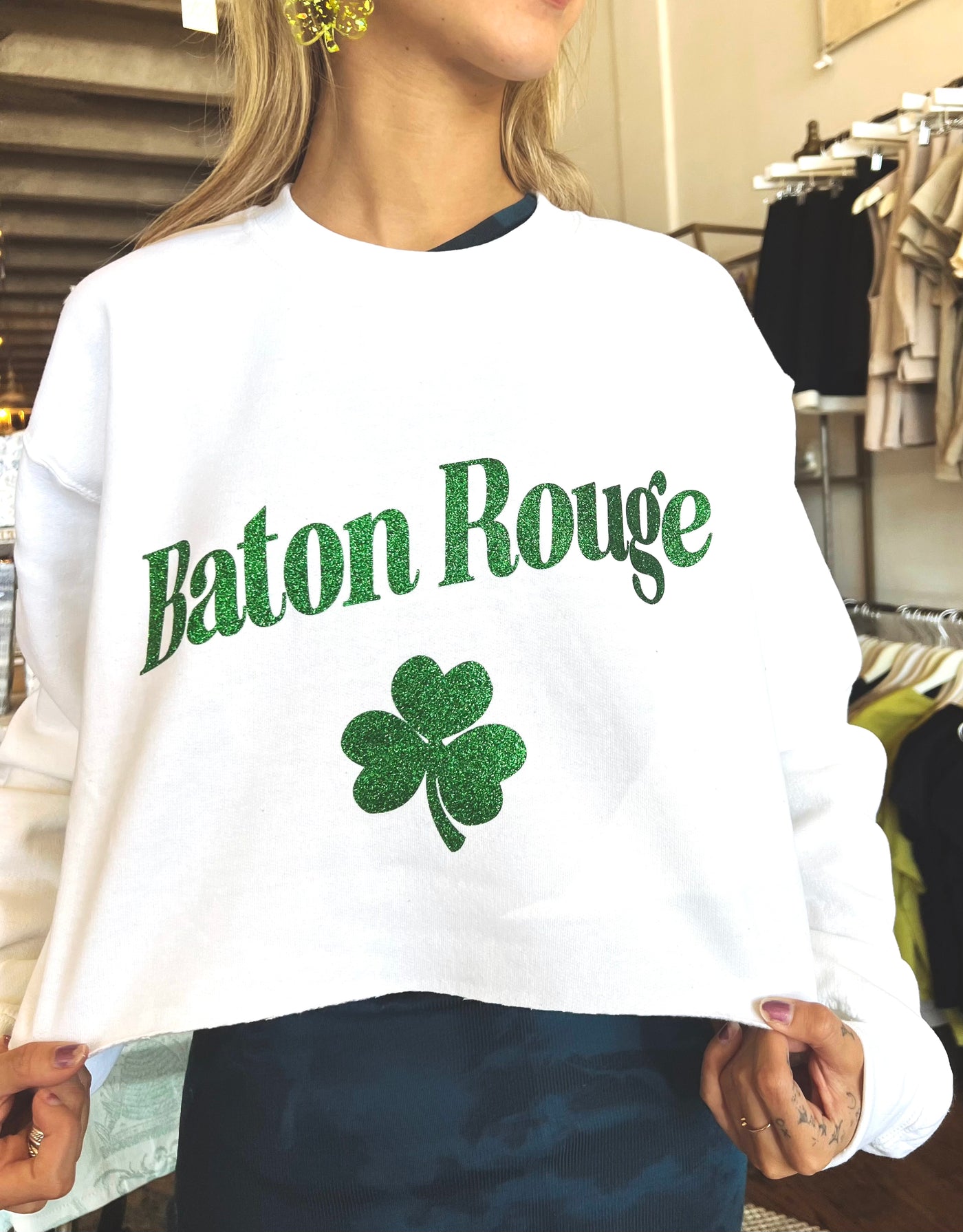 Baton Rouge White Cropped St. Patrick's Day Sweatshirt.