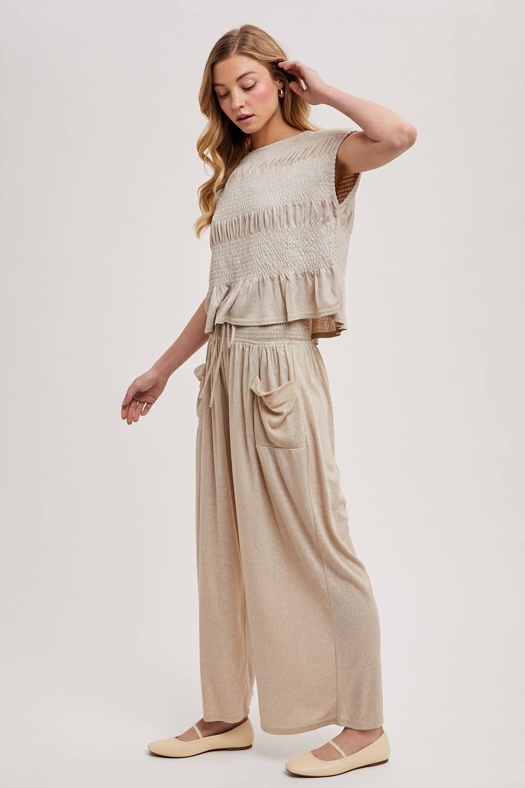 RELAXED KNIT SMOCKED TOP AND WIDE PANTS SET