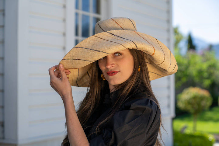 Monica 5" & 7" Wide Brim Pinstripe Packable Straw Sun Hats