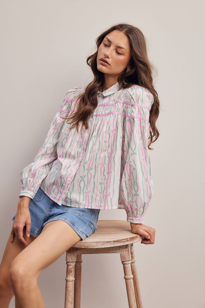 Ribbon Stripe Puff Sleeve Blouse
