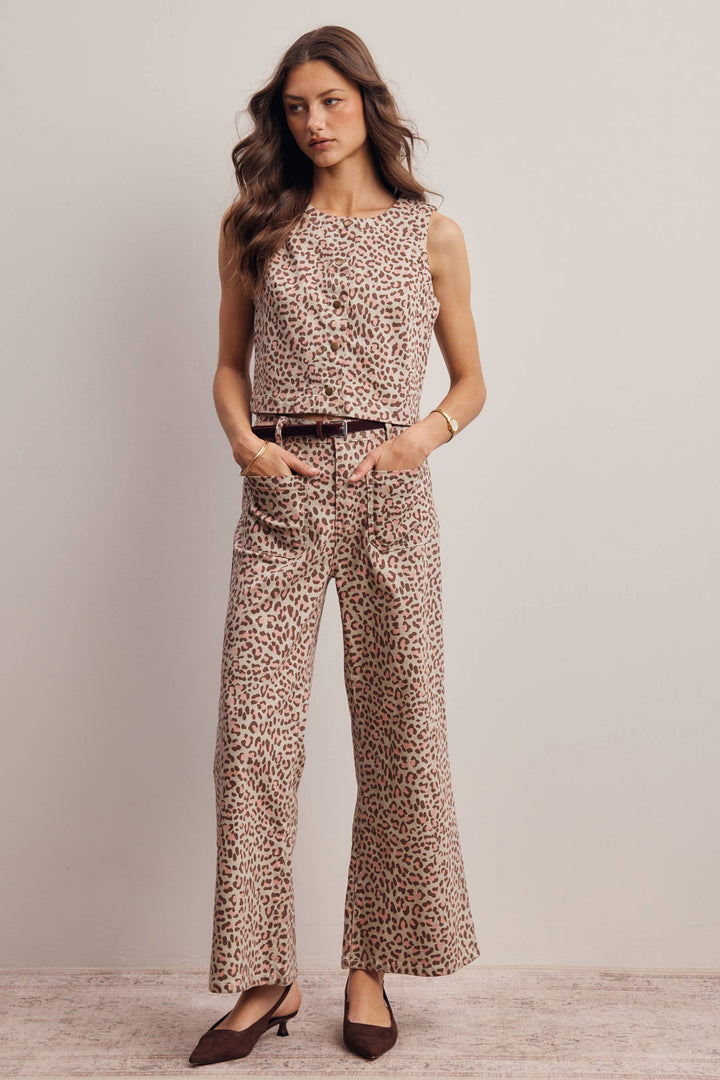 Stretch Leopard Print Denim Pants and Vest Set