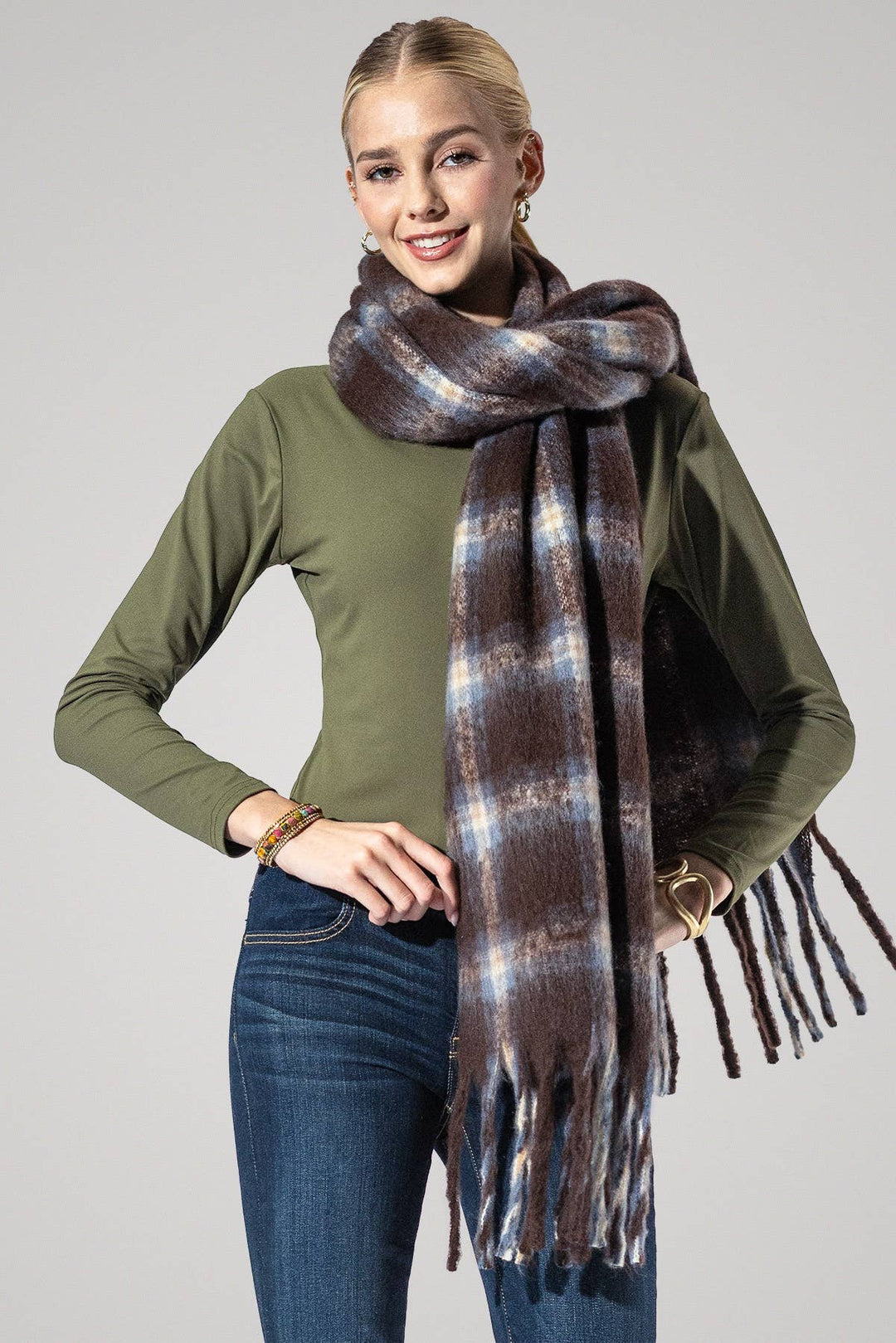 Yarn-dyed Checkered Brown Fringe Scarf