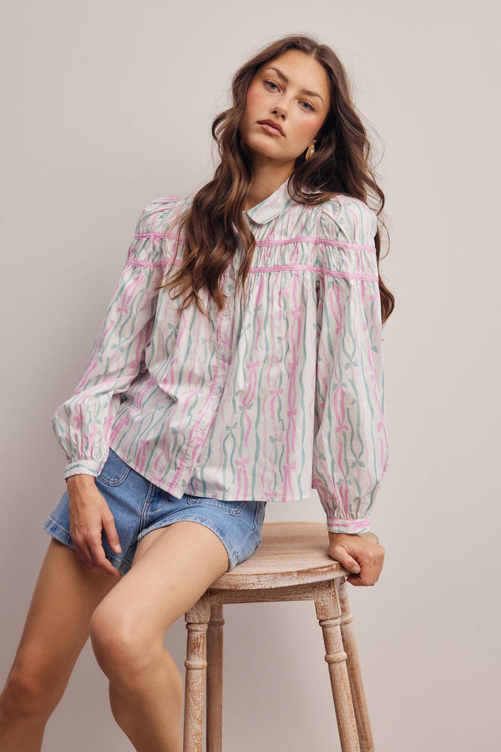 Ribbon Stripe Puff Sleeve Blouse