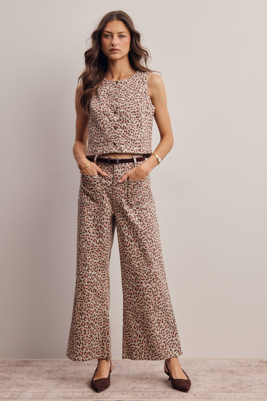 Stretch Leopard Print Denim Pants and Vest Set