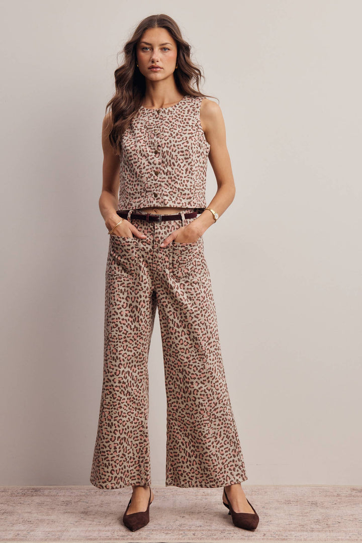 Stretch Leopard Print Denim Pants and Vest Set
