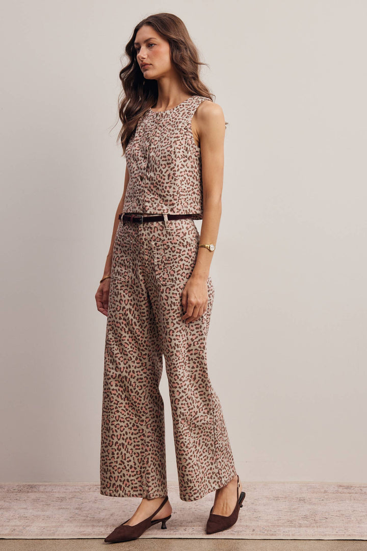 Stretch Leopard Print Denim Pants and Vest Set