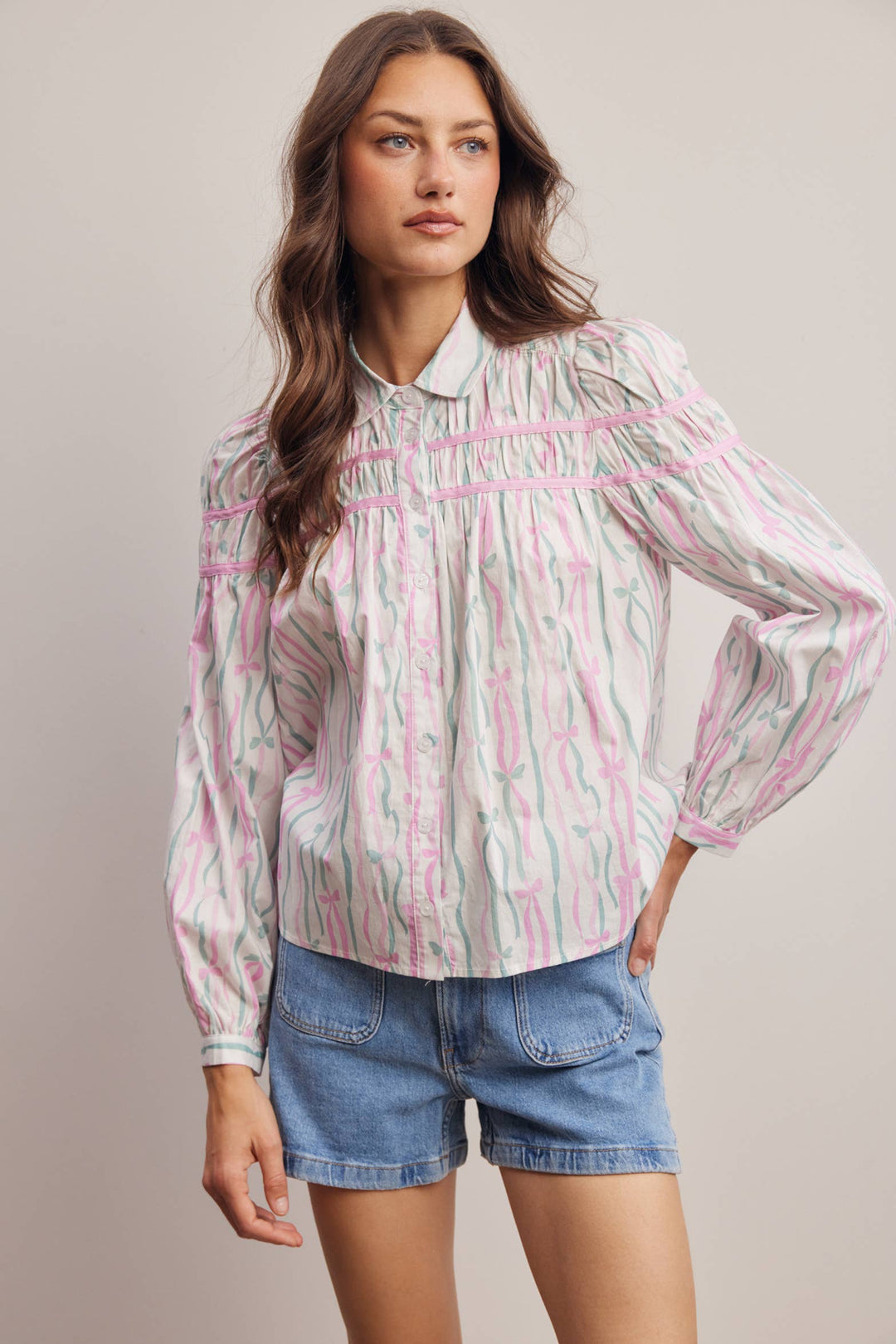 Ribbon Stripe Puff Sleeve Blouse