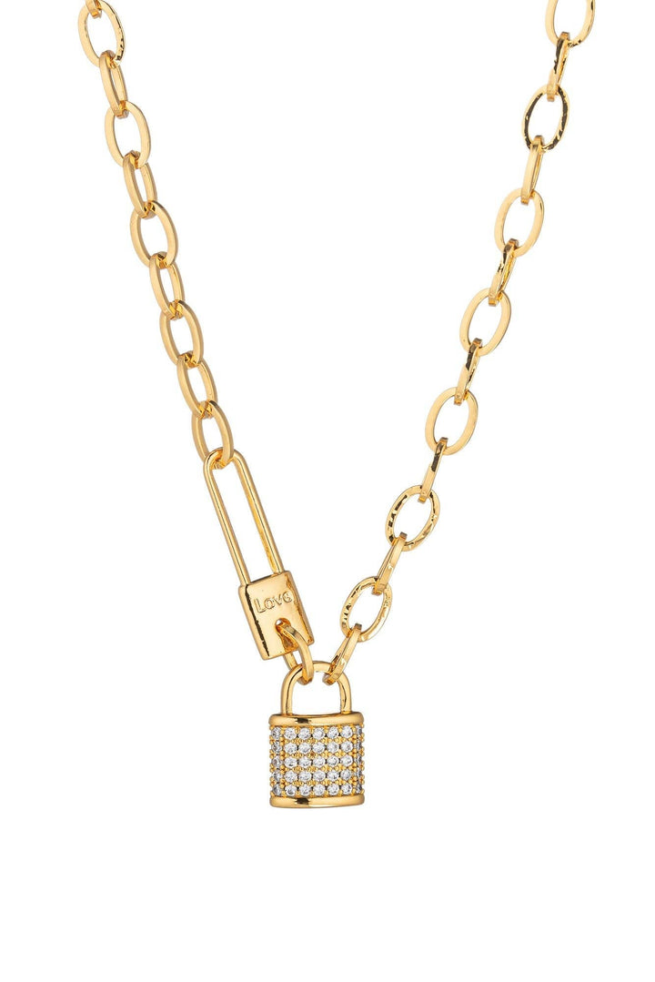 18K Gold Plated Lock Necklace with Cubic Zirconia Stones