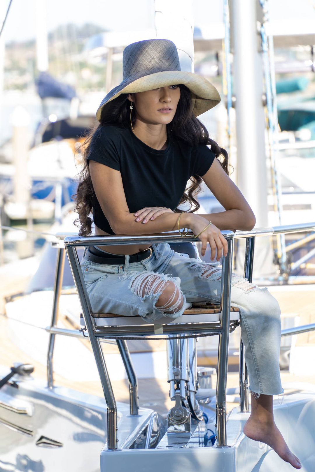 Monica 5" & 7" Wide Brim Two Tone Packable Straw Sun Hats