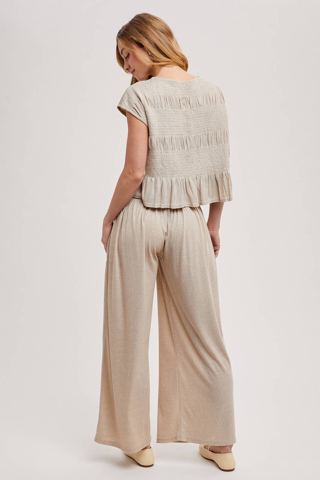 RELAXED KNIT SMOCKED TOP AND WIDE PANTS SET