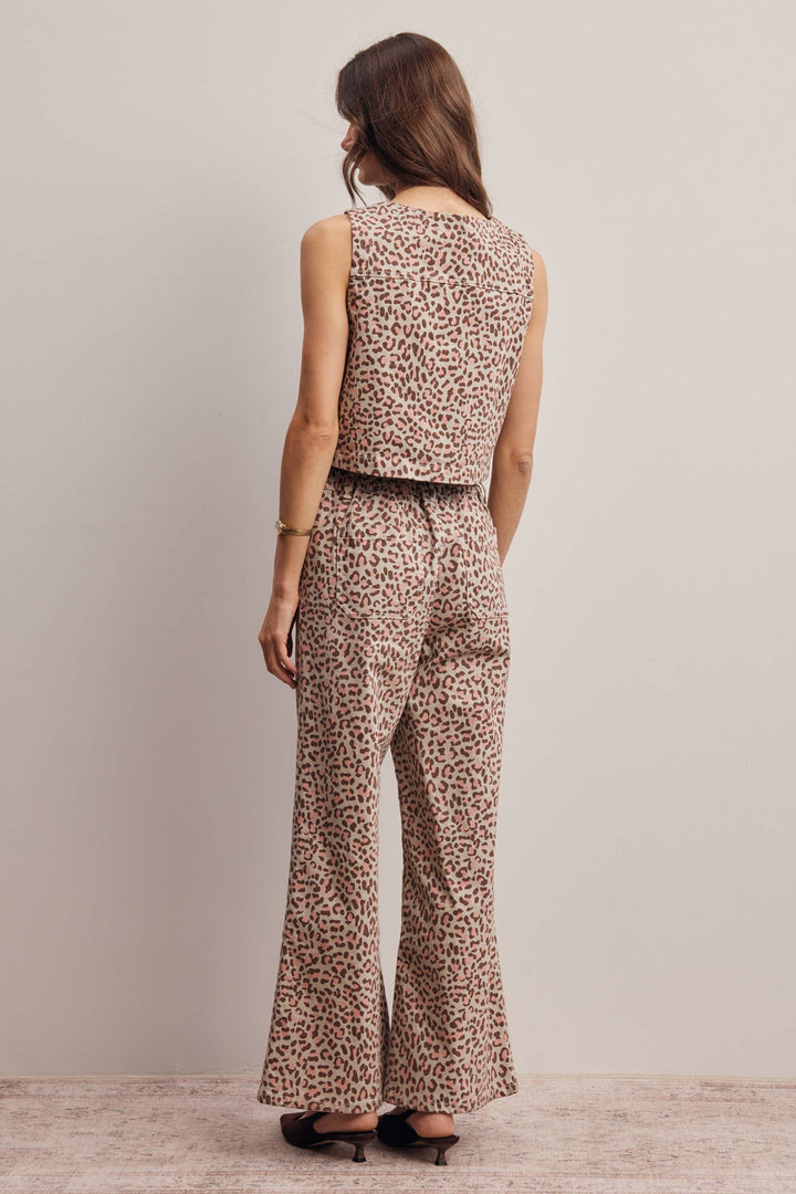 Stretch Leopard Print Denim Pants and Vest Set